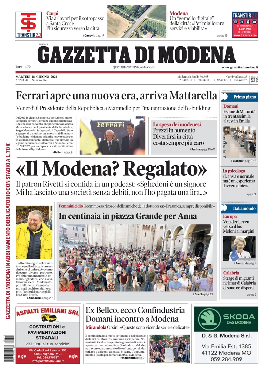 Prima-pagina-gazzetta di modena-oggi-edizione-del-2024-06-18